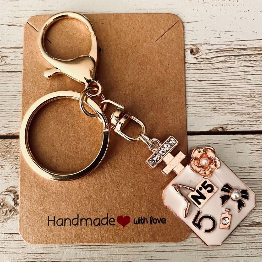 Fine Perfume bottle Gold White Bling Metallic Lobster clasp Keyholder Keychain k